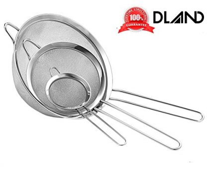DLAND [Set of 3] Stainless Steel Fine Mesh Strainer Colander Sieve with Handle for Kitchen Food Rice Vegetable