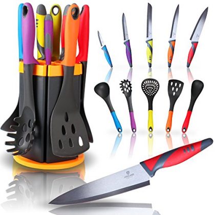 Kitchen Knife and Utensil Set with Rotating Stand ☆ 11 Pc Kitchen Set with 5 Knives and 5 Utensils in an Attractive Rotating Holder ☆ By Jaguar Kitchen Products