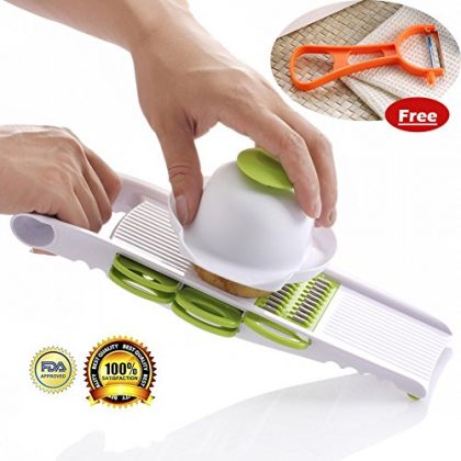 Multi Mandoline Vegetable Slicer & Grater Kitchen Set – Comes with Food Holder, Fruit Peeler and 5 Stainless Steel Blades – Thin Julienne Slicer, Cutter, Waffle Slicer and Shredder All in 1 – Best Hand-held Easy Chip for Potato Chips, Tomato, Carrot, Radish, Cucumber, Wire Cheese, Lime, Onion