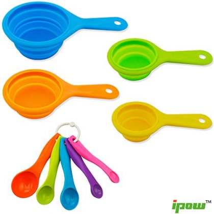Ipow 9 PCS Collapsible Silicone Measuring Cups &Spoon Set to Measure Dry and Liquid Ingredients For Kitchen Cooking Baking
