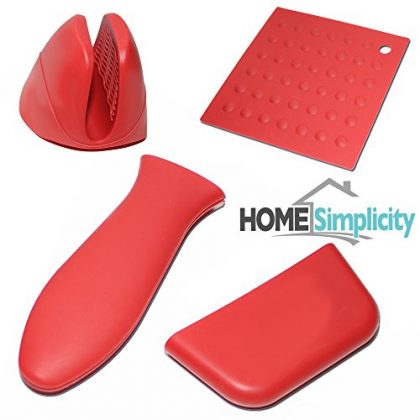 Hot Handle Pot Holders for Cooking & Cast Iron Skillet with Oven Mitt – Red Silicone, 4 Pieces