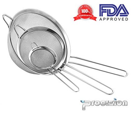 Stainless Steel Fine Mesh Strainers Set of 3 All Purpose Colander Sieve for Superior Baking and Cooking Preparation (Large)