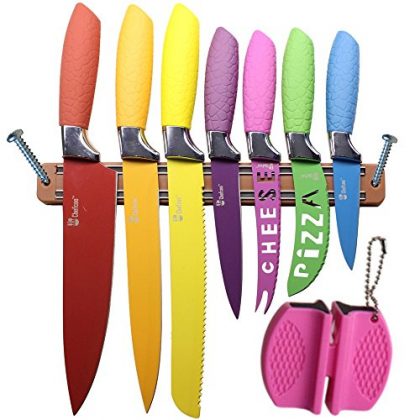 Color Kitchen Knife Set with Magnetic Knife Holder Strip by Chefcoo™ – All-in-One Cutlery Boxed Knife – Includes Cheese, Pizza, Paring, Utility, Slicer, Bread and Chef Knives, Plus Bonus Knife Sharpener – Elegant Gift Packaging Design