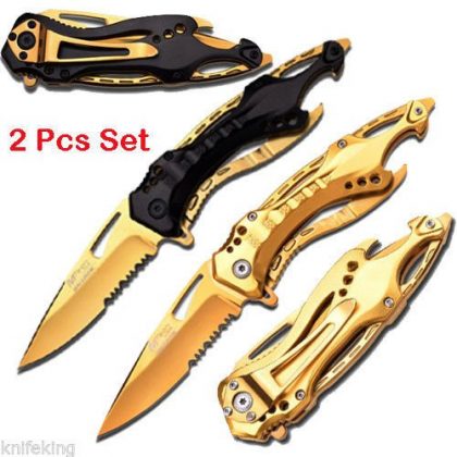MTECH Sports Spring Assisted Knives w/ Gold Titanium Coated Blade SET (Limited Edition)