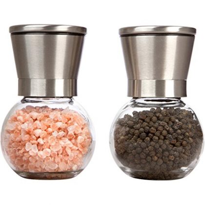 Stainless Steel Salt and Pepper Grinder Mill Set with Round Glass Body – Adjustable Ceramic Core for a Coarse or Fine Grind – by The Happy Kitchen