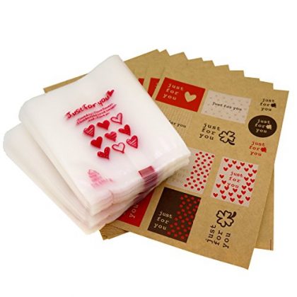 Just for You Red Heart Candy Cookie Bags with Sticker for Gift Packaging, Pack of 95