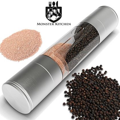 Monster Kitchen Salt and Pepper Grinder Set, 2-in-1 Salt Mill and Pepper Grinder with Stainless Steel – clear Acrylic Body and Ceramic Grinding mechanism. Enhance your kitchen experience NOW.