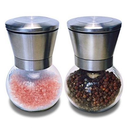 Premium Stainless Steel Salt and Pepper Ceramic Grinder Mill Set. High Strength Glass Body. Highest Quality Peppercorn and Salt Crystal Grinders and Shakers