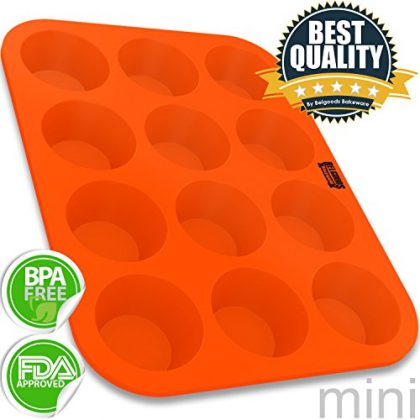 Belgoods Bakeware – Silicone Mini Muffin Cupcake Baking Pan – 12 Cup – 100% Pure Food Grade Non-stick Silicone – Orange