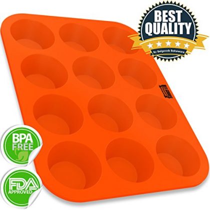 Belgoods Bakeware – Silicone Muffin Cupcake Baking Pan – Standard Size – 12 Cups – 100% Pure Food Grade Non-Stick Silicone – Orange