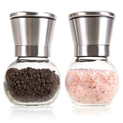 Premium Stainless Steel Salt and Pepper Grinder Set – Brushed Stainless Steel Pepper Mill and Salt Mill, Glass Round Body, Adjustable Ceramic Rotor By Simple Kitchen Products.