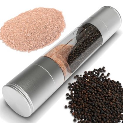 Salt and Pepper Grinder Set, 2 in 1 Stainless Steel Model of Highest Quality. The Salt Mill and Pepper Grinder Combines Two Mills Into One Dual Ended Design.
