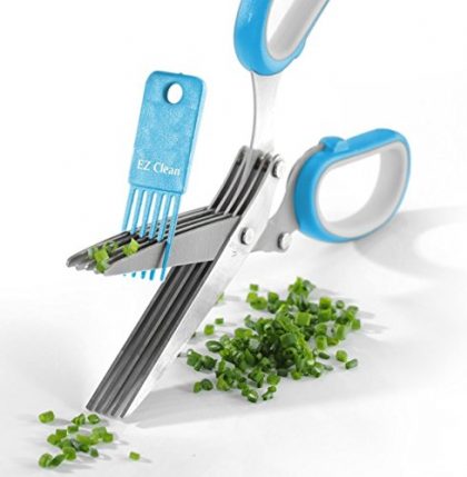 Herb Scissors Best Quality – Easy Clean Multipurpose 5 Stainless Steel Blades Kitchen Shears – Ergonomic Design with Cleaning Comb – Heavy Duty Durable Culinary Cutter with Sharp Blade – Blue Color