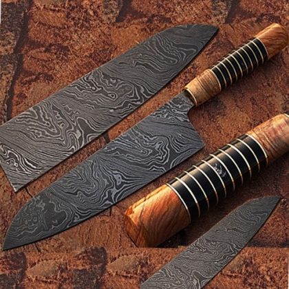 Custom Made Damascus Steel Chef Knife Olive Wood & Buffalo Horn Handle